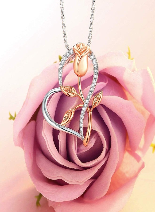 Klurent Rose Necklace for Women, Christmas Necklace with Gift Box, Rose Gold Flower Silver Heart Pendant Unique Necklaces Gift for Wife, Mom, Girlfriend on Christmas, Birthday, Anniversary - Image 2